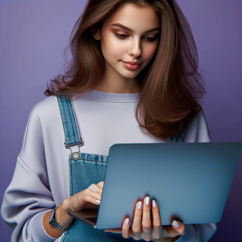 Wanita muda melihat komputer ribanya