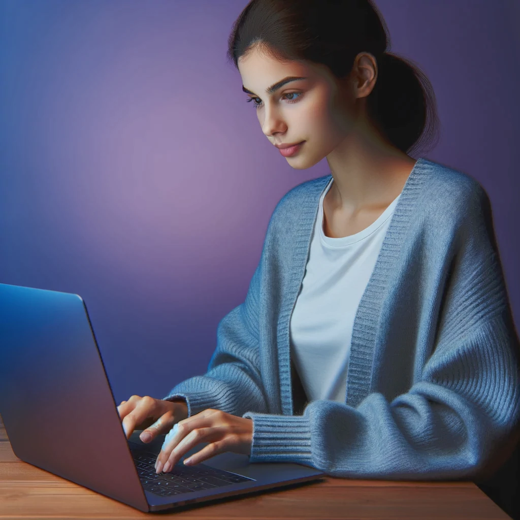 Молодая женщина работает на ноутбуке
