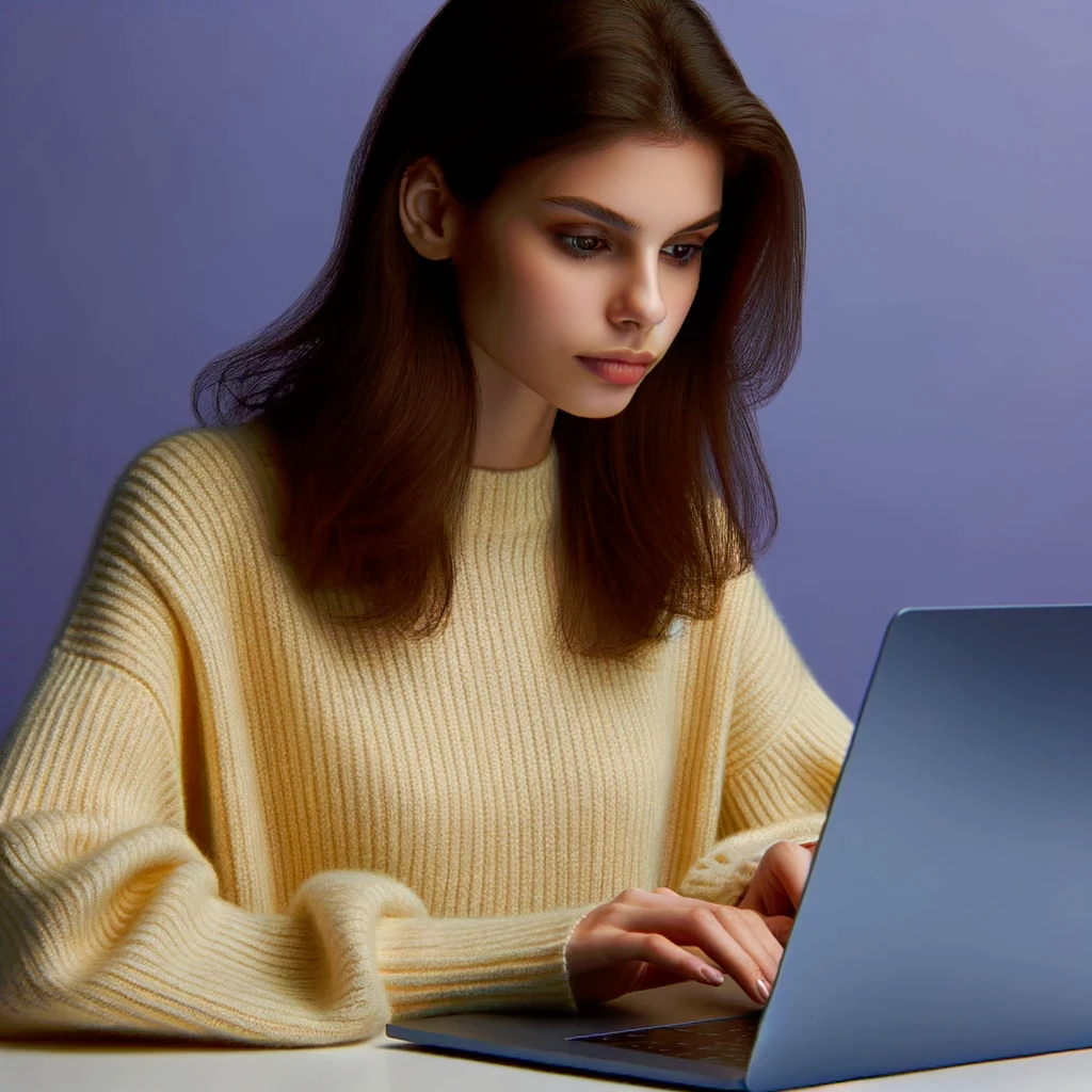 在筆記型電腦上工作時微笑的年輕女子