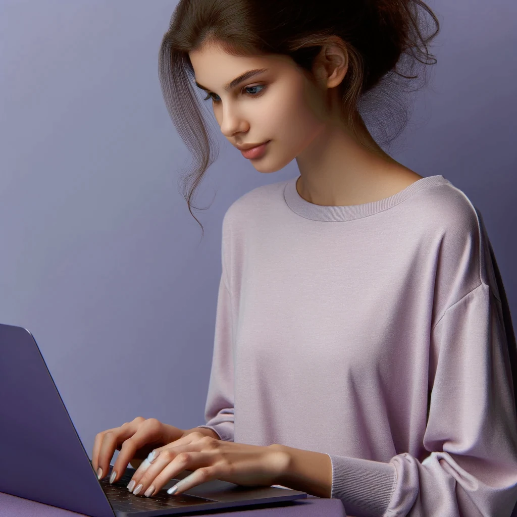 Jauna moteris šypsosi dirbdama prie nešiojamojo kompiuterio