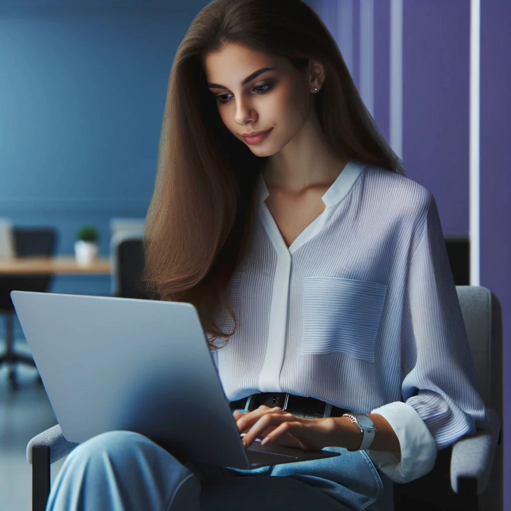 Mlada žena radi za svojim laptopom