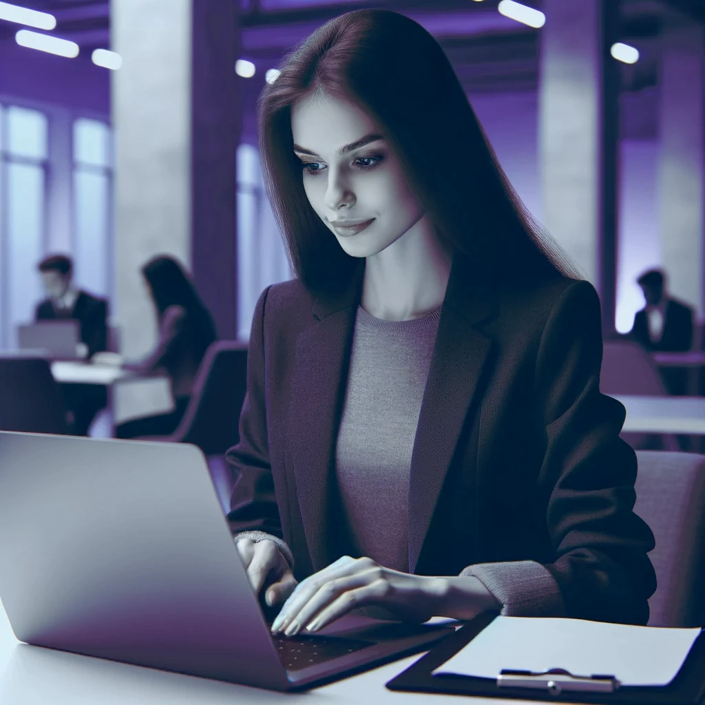 אישה צעירה מחייכת בזמן עבודה על מחשב נייד