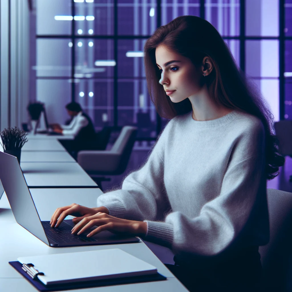 Wanita muda yang bekerja di laptop