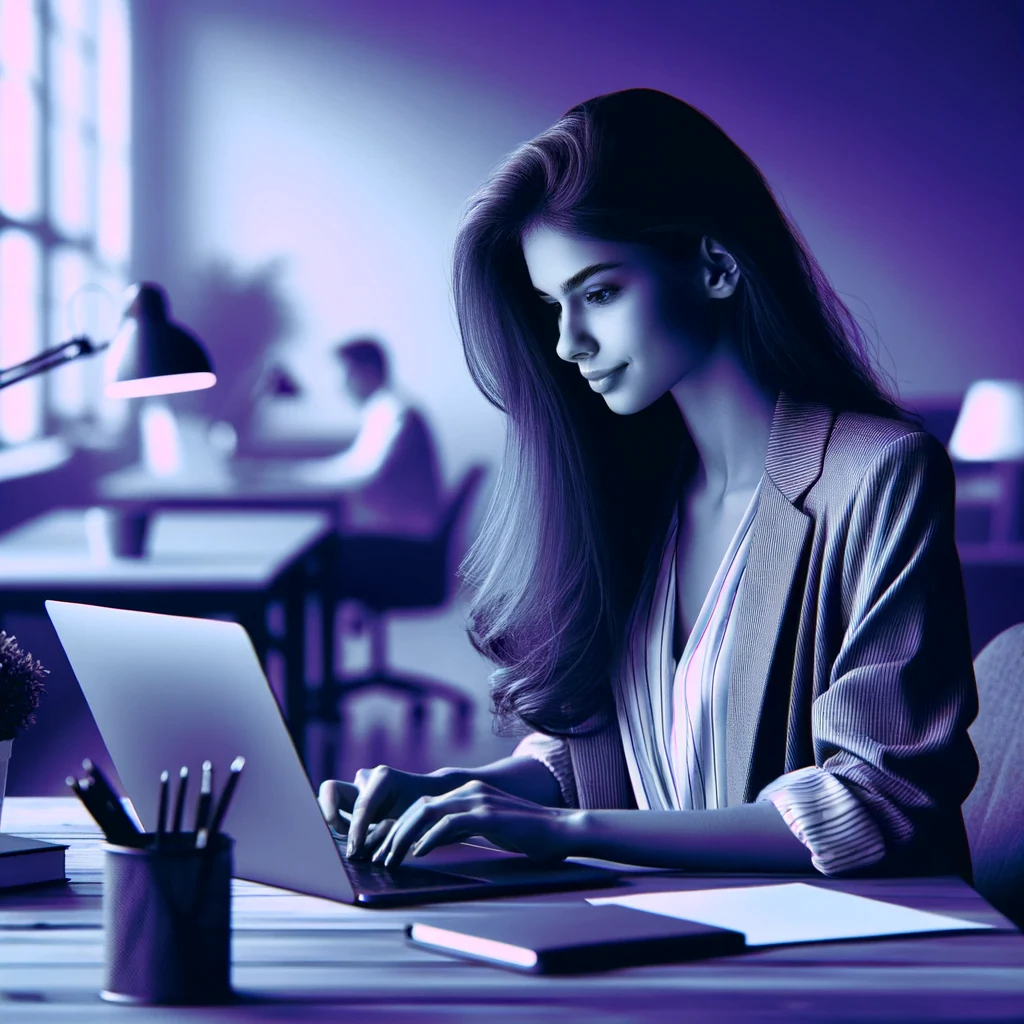 אישה צעירה מחייכת בזמן עבודה על מחשב נייד
