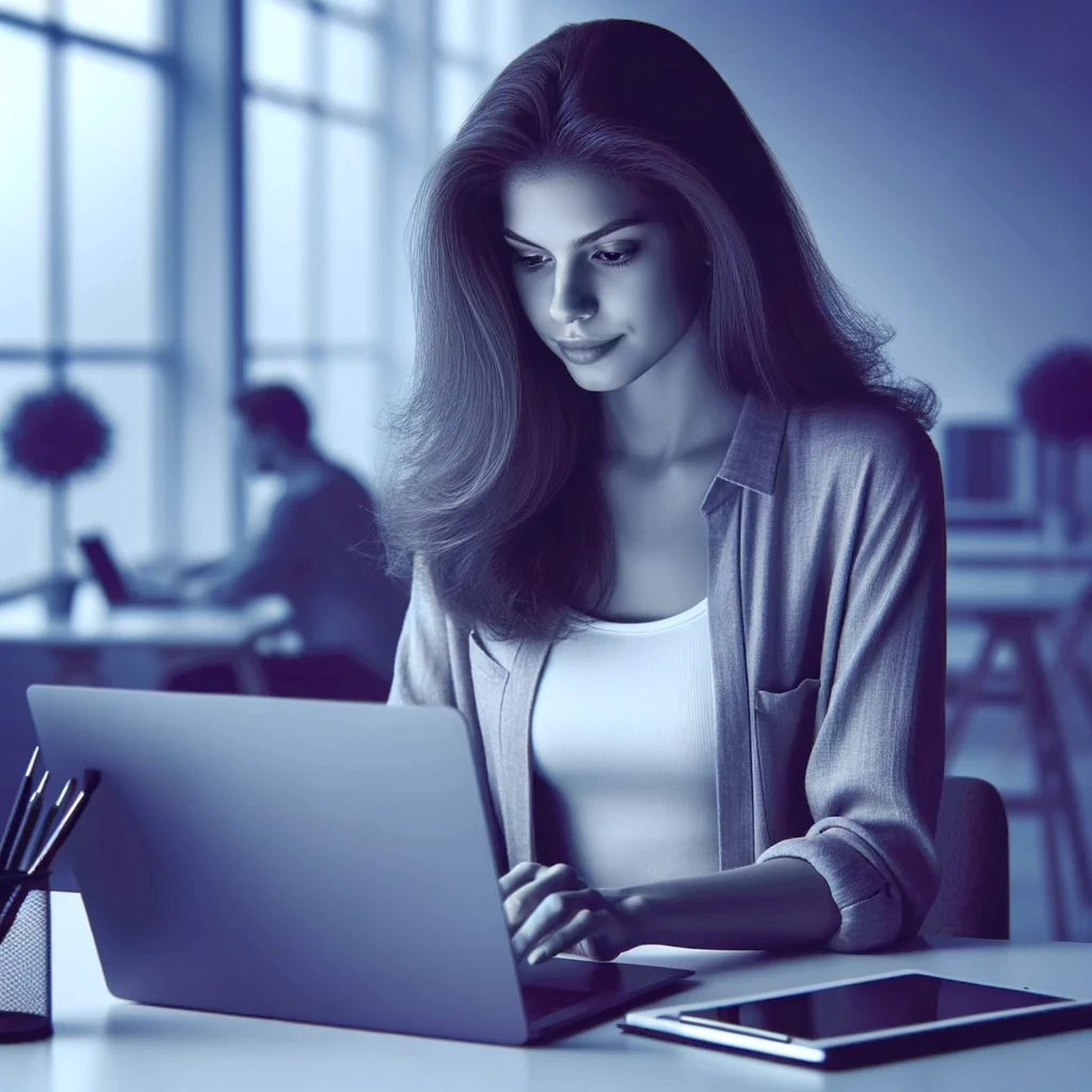 Ung kvinne smiler mens hun jobber på laptop