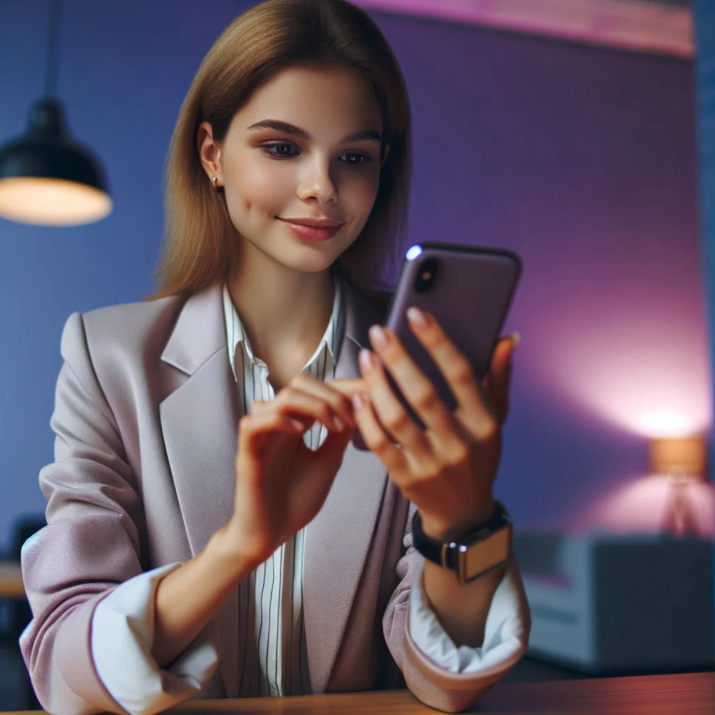 Jeune femme souriante en regardant son téléphone