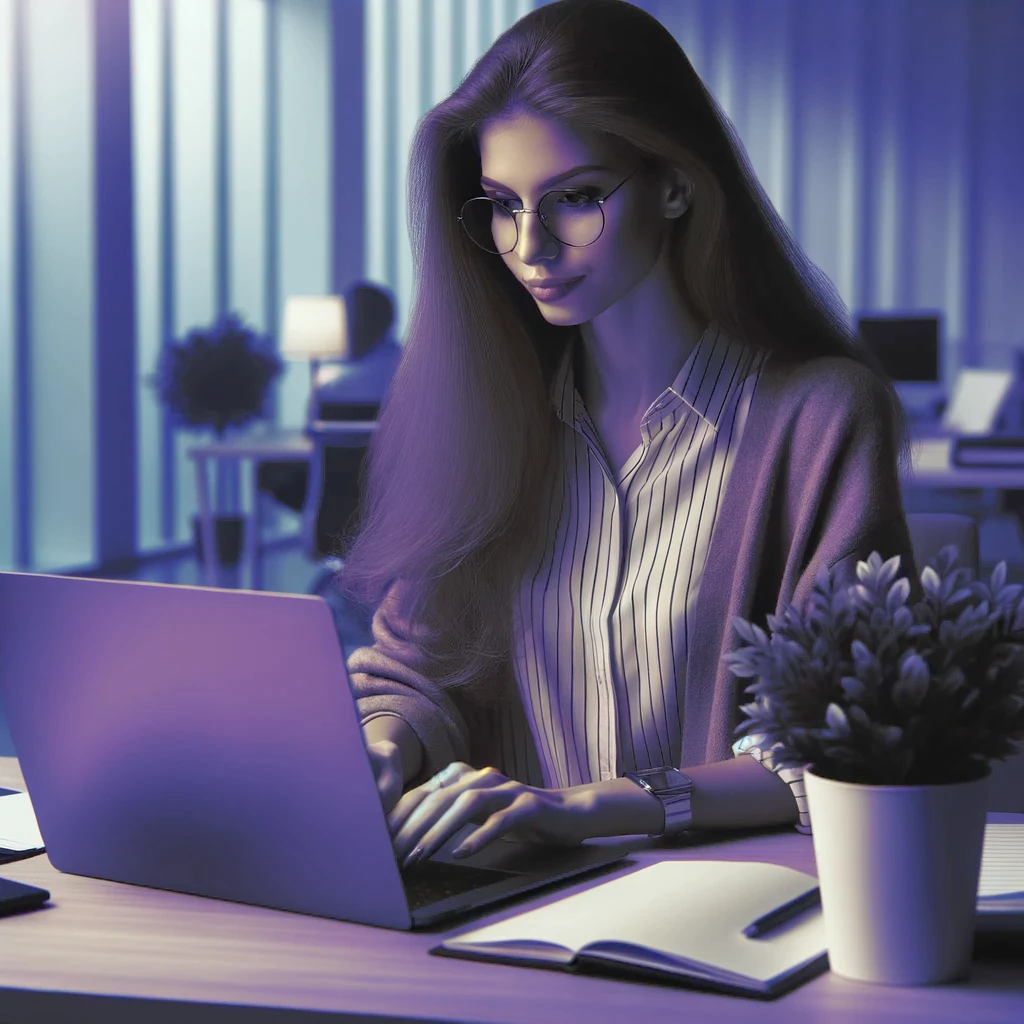 Grua e re duke buzëqeshur duke punuar në laptop