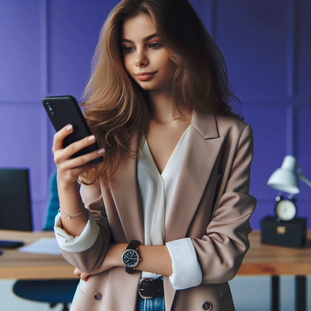 Young woman smiling while looking at her phone