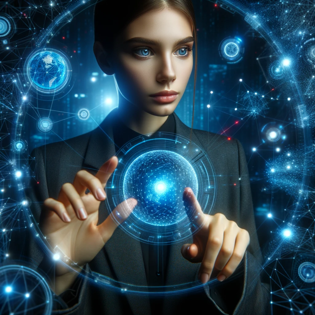 woman with a different descent interacting with a state of the art holographic pc interface