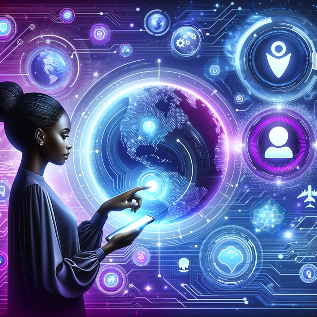 Woman accessing a futuristic digital chat platform
