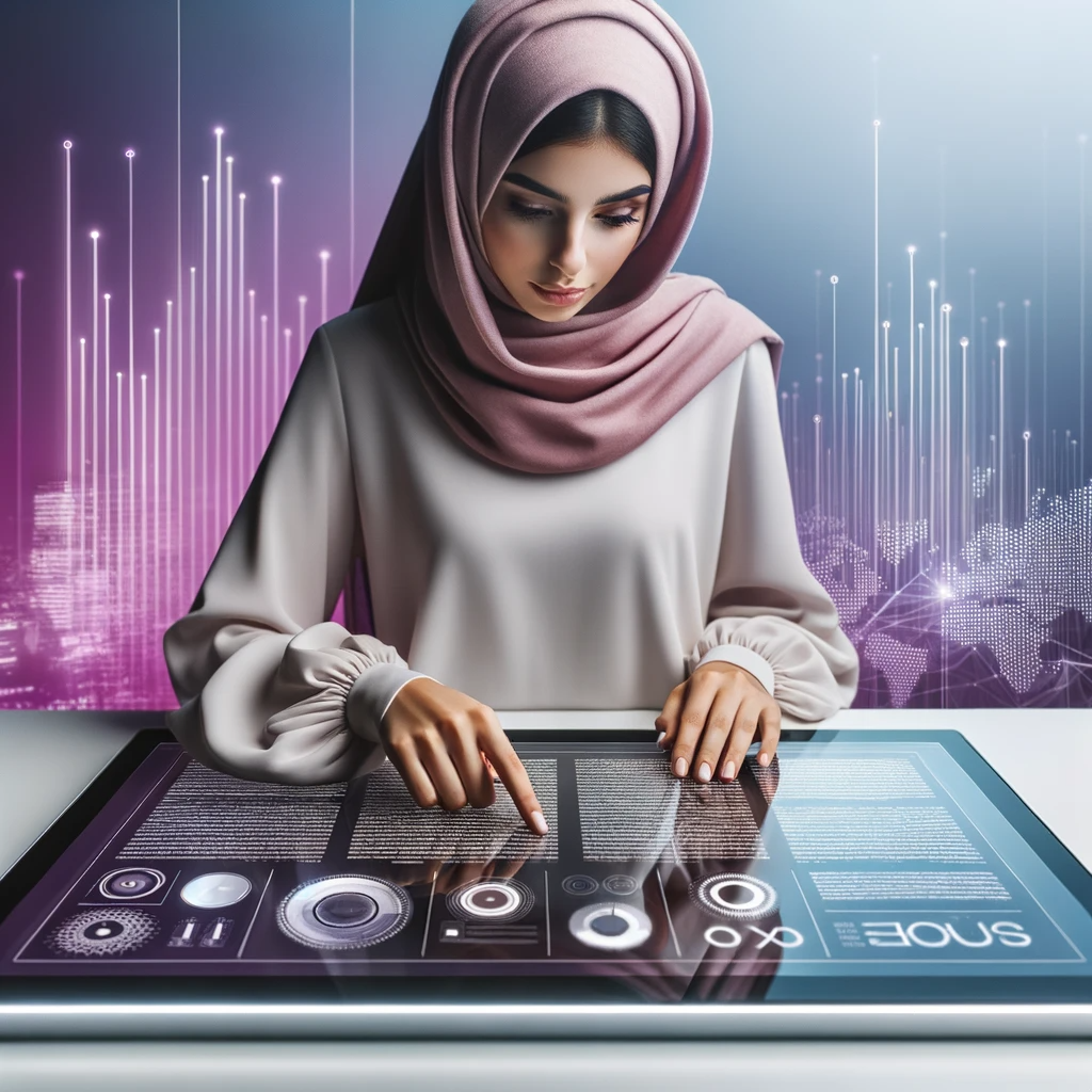 Woman working on a sleek touch screen table